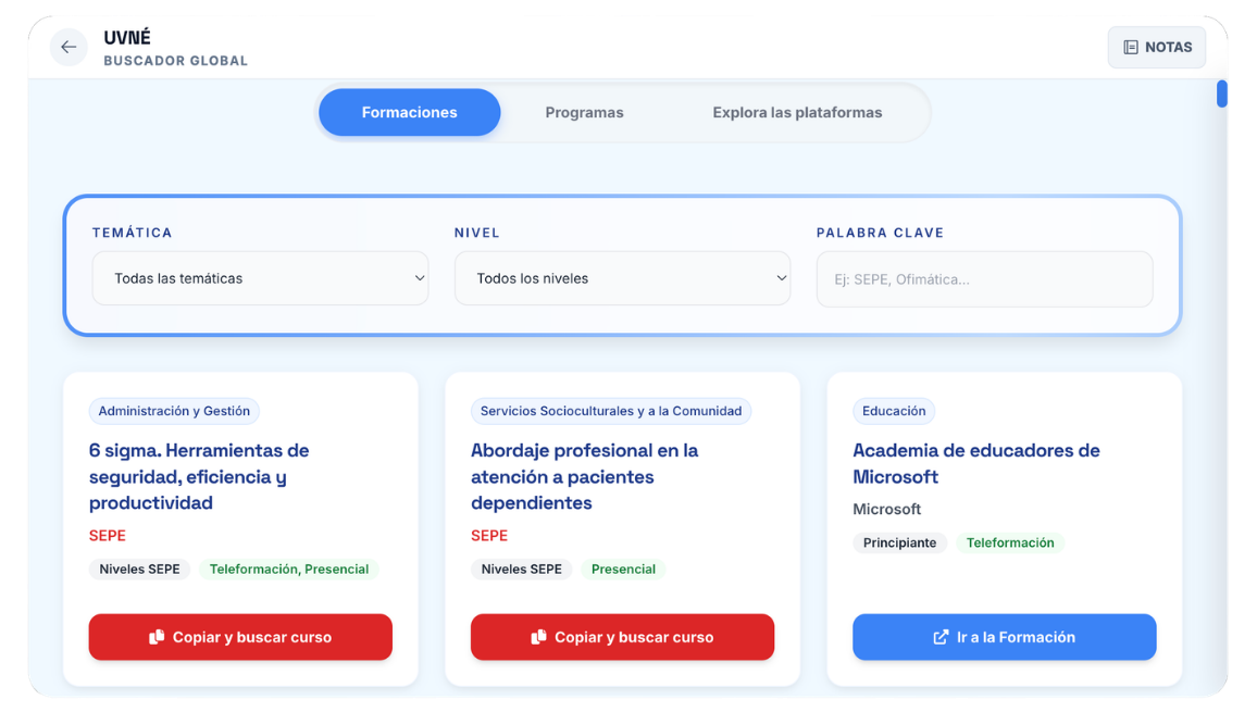 Buscador de formaciones dentro de UVN&Eacute;